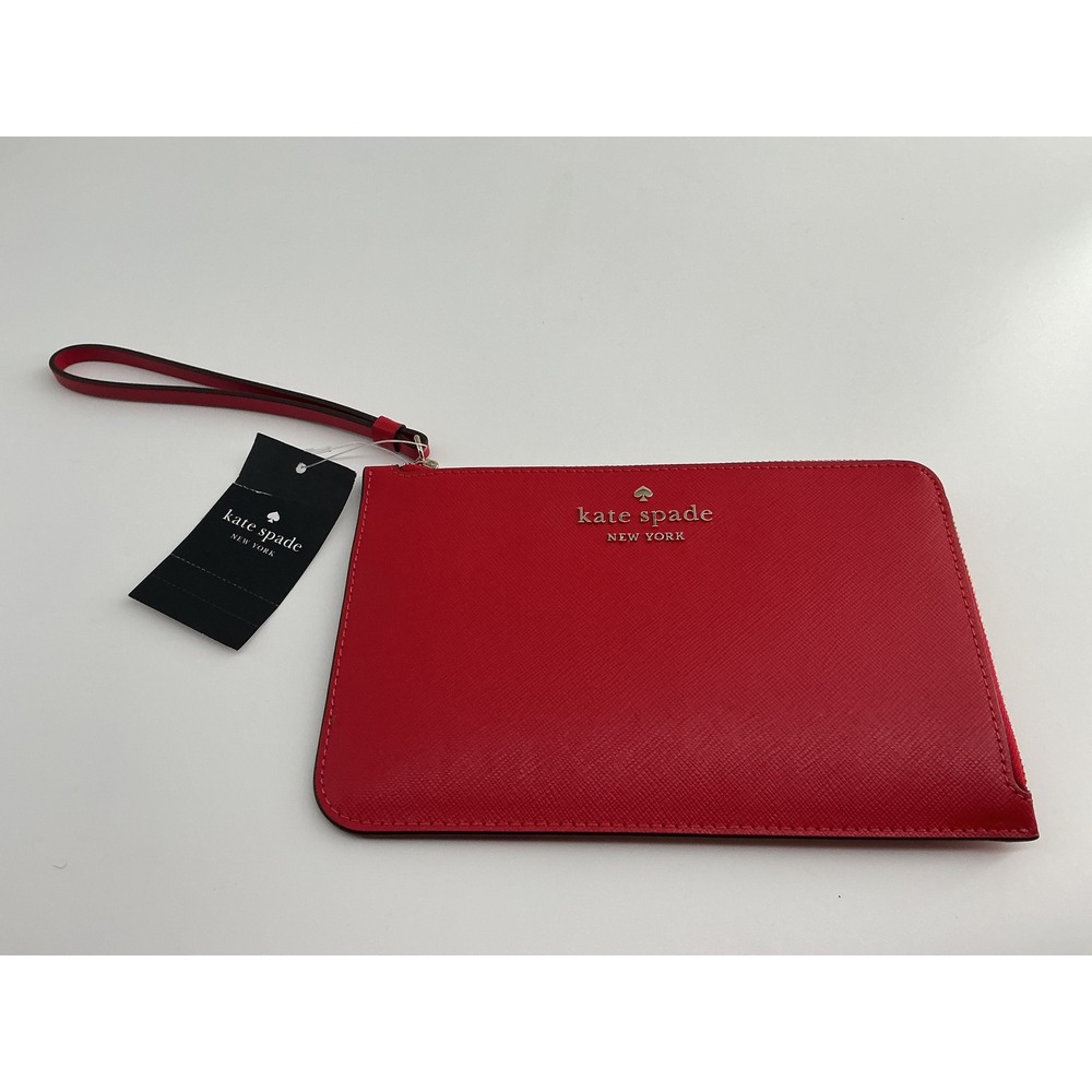 Kate Spade Lucy New York Red Saffiano Leather L-Zip Wristlet Pouch Clutch Bag